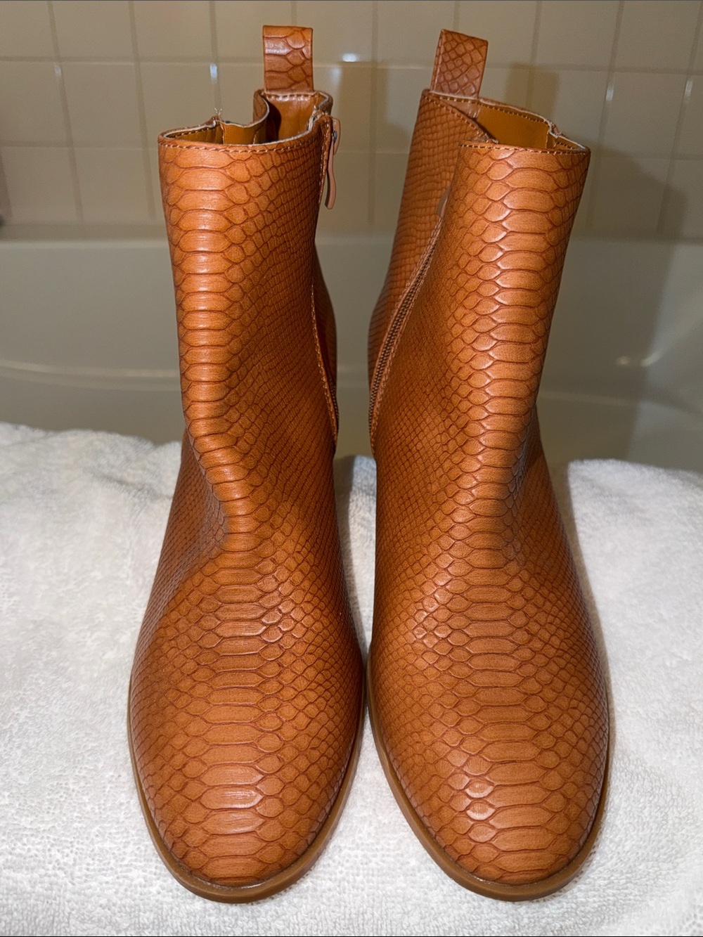 Textured Cognac Ankle Booties with Side Zip